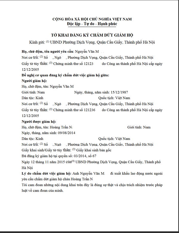 tờ khai đăng ký việc chấm dứt giám hộ