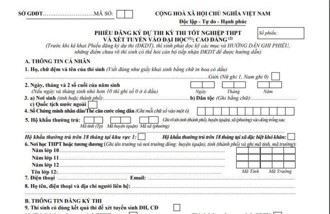 Cách ghi Phiếu đăng ký dự thi tốt nghiệp THPT và xét Đại học 2020